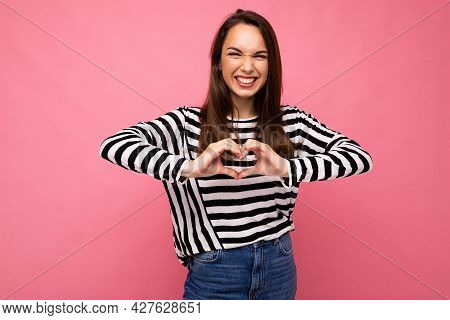 Young Positive Adorable Happy Amiling Attractive Brunette Woman With Sincere Emotions Wearing Casual