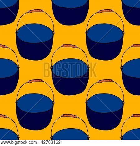 Cute Cartoon Doodle Boiler Seamless Pattern. Abstract Background With Hike Inventory, Witch Pan.