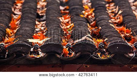 Gamle kinesiske hus tag fliser design efterår blade West Lake Hangzhou Zhejiang Kina