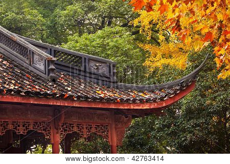 Gamle kinesiske hus tag efterår blade træ West Lake Hangzhou Zhejiang Kina