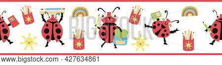 Ladybug Back To School Vector Seamless Border. Fun Cartoon Banner Kawaii Ladybird Characters With Ba