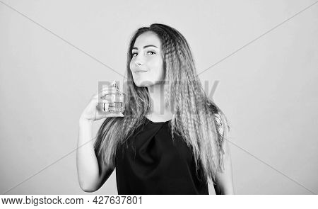 Beauty Never Sleeps. Sexy Girl Hold Perfume. Toilette Water. Woman With Bottle Of Perfume. Girl Appl