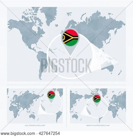 Magnified Vanuatu Over Map Of The World, 3 Versions Of The World Map With Flag And Map Of Vanuatu. V