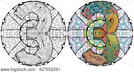 Hand-painted Art Design. Illustration Mandala With Numero Three. Colored And Outline Set