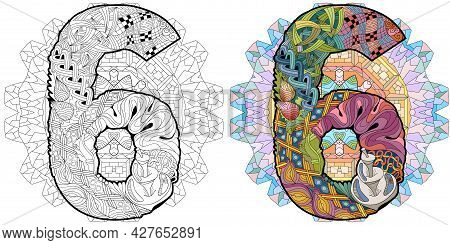 Hand-painted Art Design. Illustration Mandala With Numero Six. Colored And Outline Set