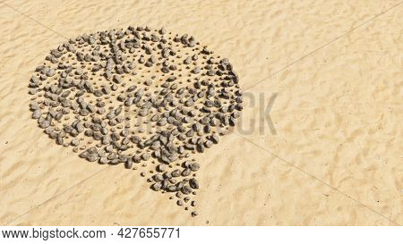Concept conceptual stones on beach sand handmade symbol shape, golden sandy background, cloud sign. 3d illustration metaphor for communication, online talking, chatting, internet discussion