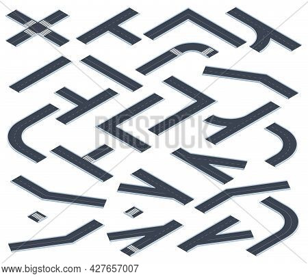 Isometric Roads. Highway Or City Street Road Map Elements, 3d Road Intersections And Turns With Mark