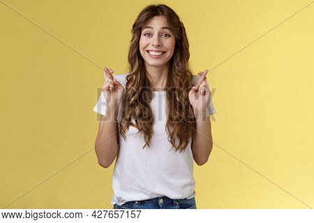 Silly Hopeful Excited Attractive Caucasian Girl Curly Haircut Wishing Optimistic Smiling Broadly Cro