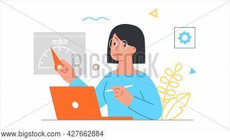 Slow Loading Concept. Woman Points To The Internet Speed Indicator. Signal Is Low. Reduced Work Effi