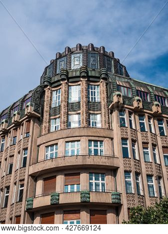 Prague, Czech Republic - July 4 2021: Supich House Geometric Art Nouveau Building Or Palace On Wence