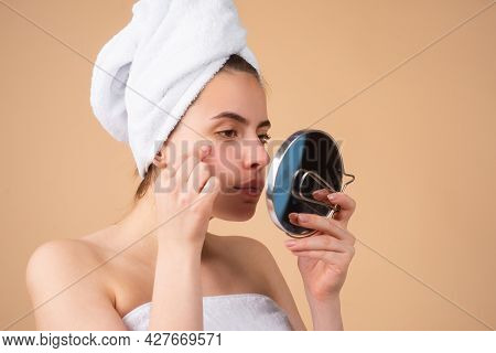Acne Blemish Spots Skin On Woman. Skin Of Beauty Young Girl, Looking In Mirror. Spot Scar Acne, Frec