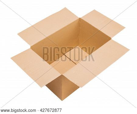Open Empty Corrugated Cardboard Box Standing In Three Quarters To The Viewer On Isolated White Backg