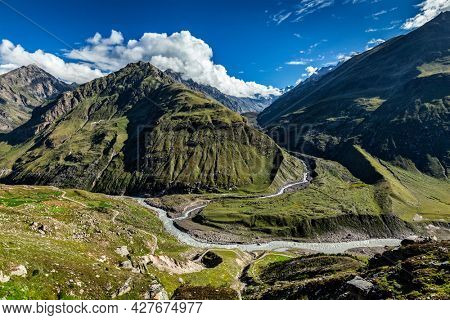 View of Lahaul valley from descend from Rohtang La pass. Himachal Pradesh, India