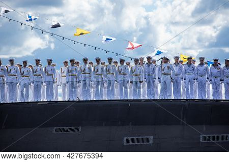 July 21, 2021, Russia, Kronstadt. The Crew Of The Diesel-electric Submarine Dmitrov B-806 On The Rai