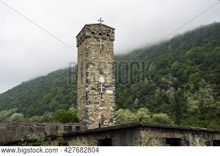 A Tower With Crosses In The City Of Sukhum In The Republic Of Abkhazia. Cloudy Day May 17, 2021