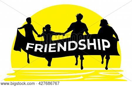 Simple Vector Illustration. Group Of People Running Hand In Hand Towards The Sun. A Friendship. Stro