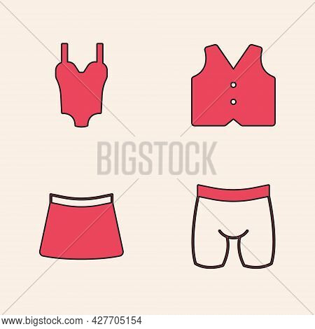 Set Cycling Shorts, Swimsuit, Waistcoat And Skirt Icon. Vector