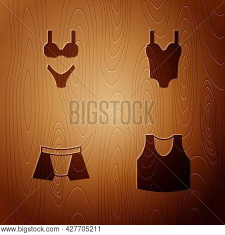Set Undershirt, Swimsuit, Men Underpants And On Wooden Background. Vector
