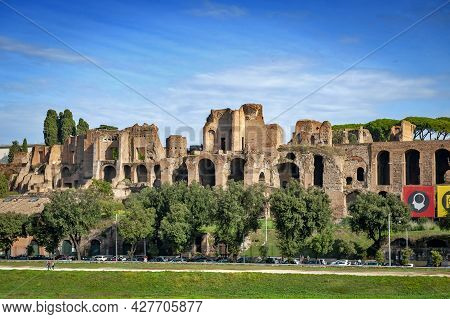 Rome, Italy - October 2019: View Of The Palatine Hill, Centre Of Roman Empire In Ancient Rome From A