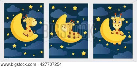 Cute Little Giraffe Sleeping On Moon In Night Sky Set Card Template. Cartoon Character For Kids Room