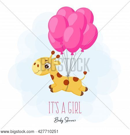 Baby Shower Greeting Card With Cute Little Giraffe Flying On Pink Balloons. Funny Magic Unicorn Cart
