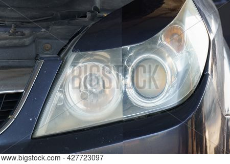 Cleaning Of Headlights With A Buffer Machine In The Workshop, Before And After Cleaning. Polishing