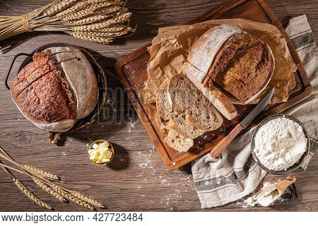 Freshly Artisan Baked Beetroot, Heat And Rye Bread, Country Bread. Simple Bread  With Butter For Bre