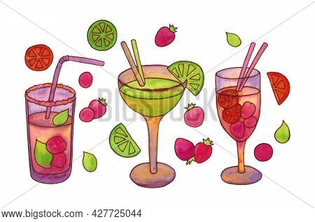 Set Of Classic Tropical Cocktails. Mixed Non-alcoholicdrink With Straws And Fruit. The Clipart Is Dr