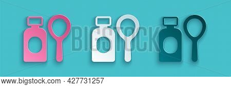 Paper Cut Soap Bubbles Bottle Icon Isolated On Blue Background. Blowing Bubbles Soap Wand Bottle. Pa