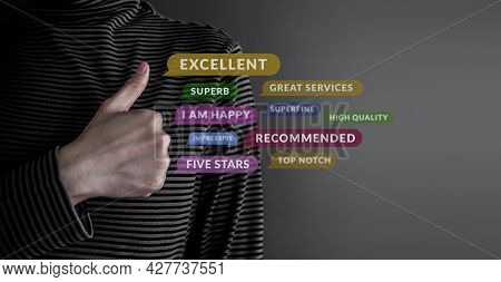 Customer Experience Concept. Happy Client Giving Excellent Services Rating For Satisfaction By Thumb