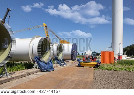 Zeewolde, The Netherlands - Juli 17, 2021: Dutch Construction Site New Wind Turbine Farm In Zeewolde