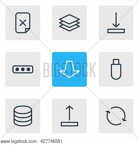Vector Illustration Of 9 Archive Icons Line Style. Editable Set Of Pull, Upload, Password And Other 