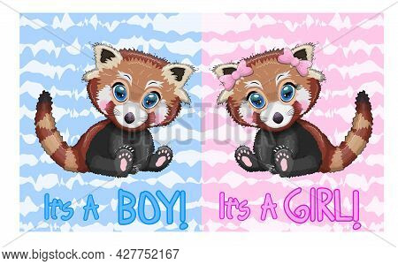 Two Cute Cartoon Red Pands With Beautiful Eyes Among Flowers, Hearts, A Boy And A Girl. Baby Shower