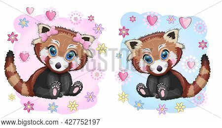 Two Cute Cartoon Red Pands With Beautiful Eyes Among Flowers, Hearts, A Boy And A Girl. Baby Shower