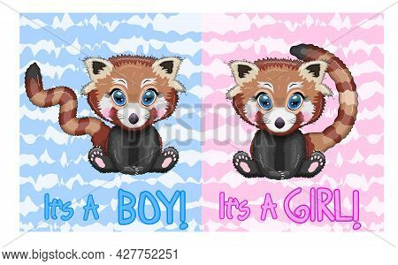 Two Cute Cartoon Red Pands With Beautiful Eyes Among Flowers, Hearts, A Boy And A Girl. Baby Shower