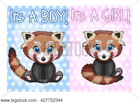 Two Cute Cartoon Red Pands With Beautiful Eyes Among Flowers, Hearts, A Boy And A Girl. Baby Shower