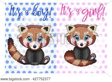 Two Cute Cartoon Red Pands With Beautiful Eyes Among Flowers, Hearts, A Boy And A Girl. Baby Shower