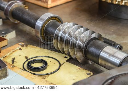 Worm Shaft And Worm Wheel In A Locksmith's Workshop On The Assembly Of The Gearbox.