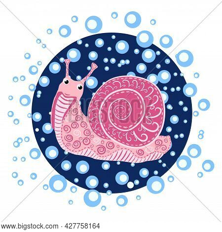Pink Snail Beautiful Character In Water Bubbles, Scandinavian Style, Hand Drawn And Signed
