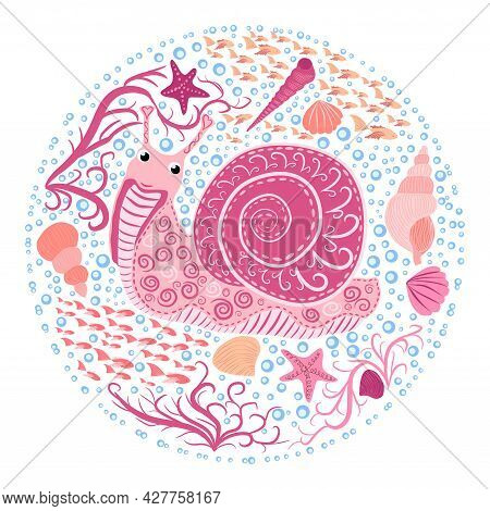Pink Snail Beautiful Character Among Seashells, Seaweed, Starfish, Scandinavian Style, Hand Drawn.
