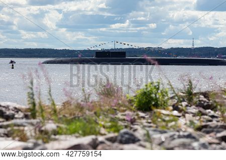 July 21, 2021, Russia, Kronstadt. The Russian Nuclear Submarine Prince Vladimir 825 Is On The Roadst