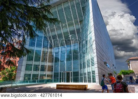 Bolzano, Italy, June 2021. The Museum Of Modern Art Is Housed In A Futuristic Metal And Glass Struct