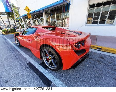 Los Angeles, California Usa - March 24, 2021: Red Ferrari F8 Tributo Luxury Car Back Corner View.