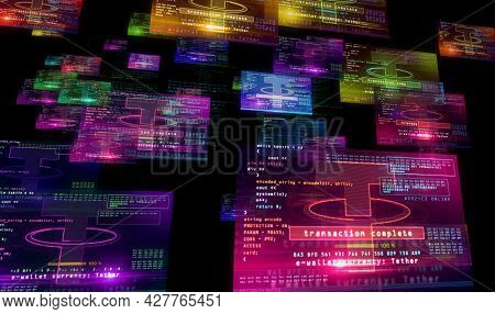Tether Transaction Symbol On Computer Screen. Stablecoin Symbol, Crypto Currency, Cyber Money And Di
