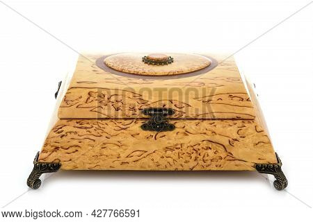 Empty Close Wooden Jewelry Box With Velvet Lining And Vintage Accessories And Clipping Pathon White 
