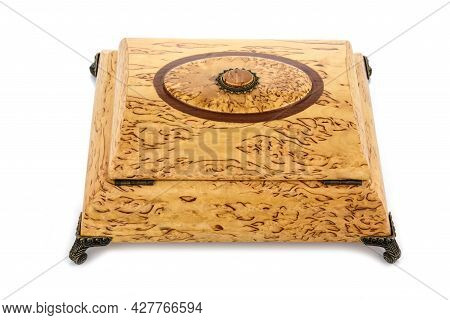 Empty Close Wooden Jewelry Box With Velvet Lining And Vintage Accessories And Clipping Pathon White 