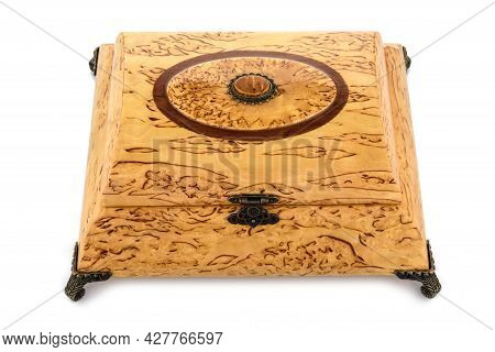 Empty Close Wooden Jewelry Box With Velvet Lining And Vintage Accessories And Clipping Pathon White 