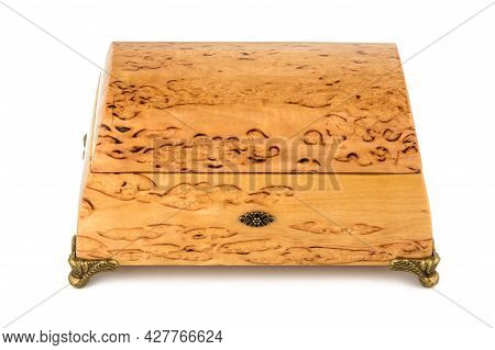 Empty Close Wooden Jewelry Box With Velvet Lining And Vintage Accessories And Clipping Pathon White 