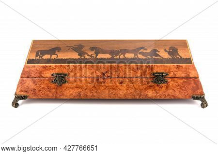 Empty Close Wooden Jewelry Box With Velvet Lining And Vintage Accessories And Clipping Pathon White 