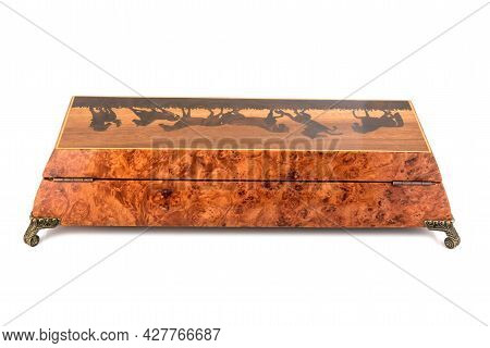 Empty Close Wooden Jewelry Box With Velvet Lining And Vintage Accessories And Clipping Pathon White 